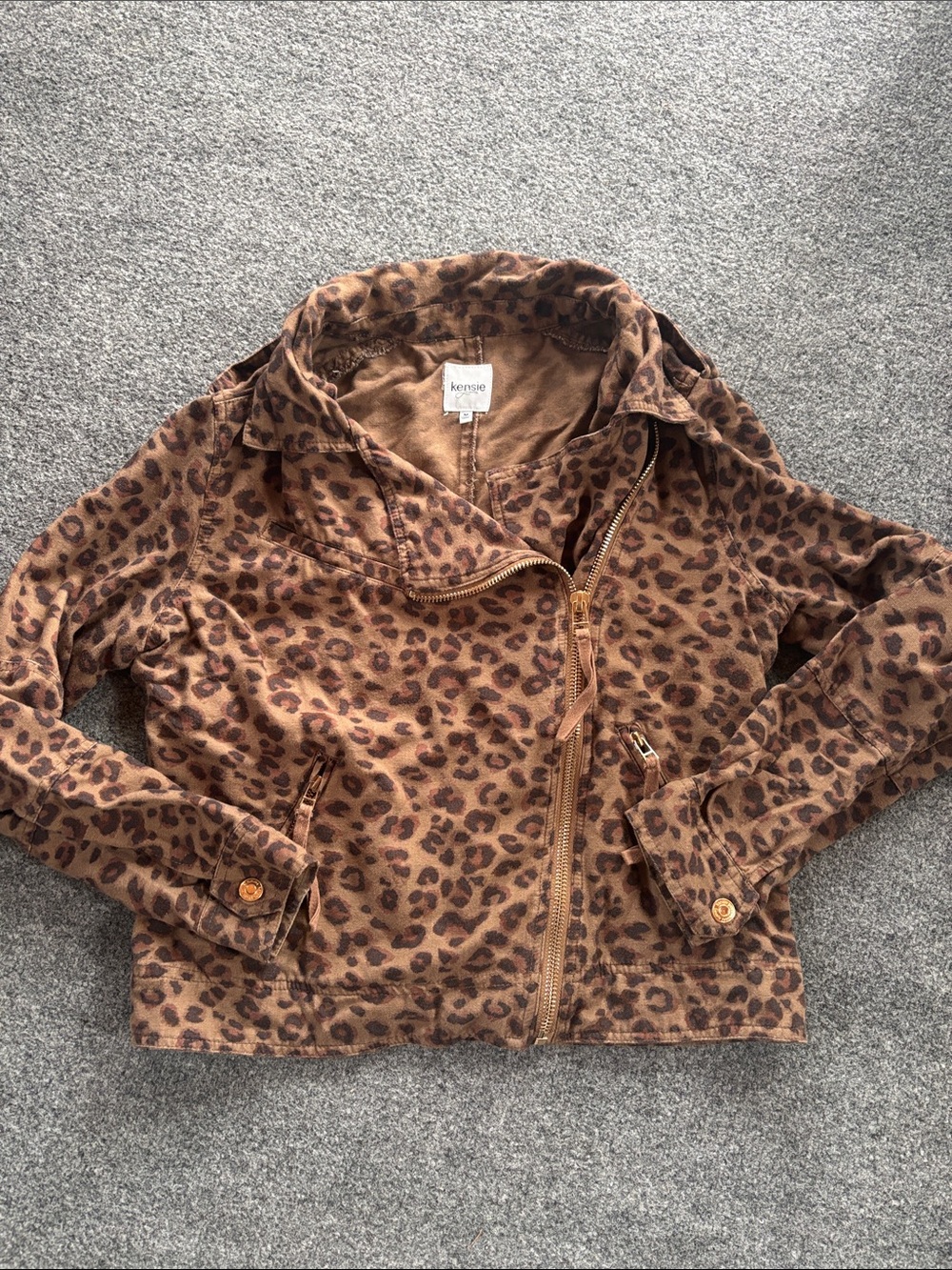 Kensie Leopard-Print Brown Moto Jacket - Light Weight - Size Medium